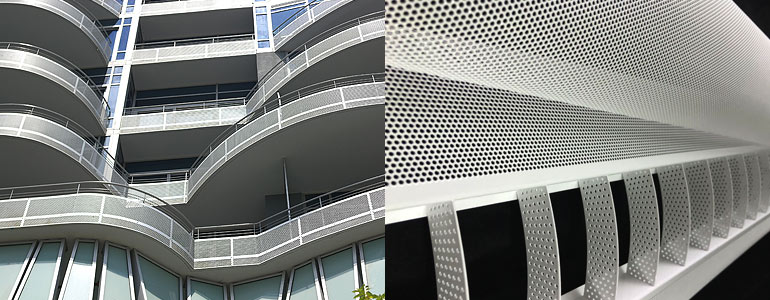 Two side by side pictures. The one on the left is a building with white perforated metal balconies. The one on the right is a closeup of the perforated metal with circular holes.