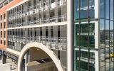 Side view of a perforated metal on a parking garage