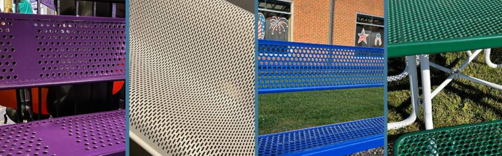 a variety of perforated metal furnishings